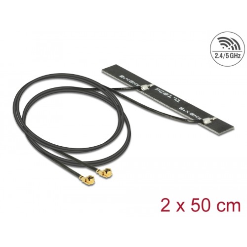 Delock Dual Band WLAN WiFi 6 Twin Antenna 2 x I-PEX Inc., MHF® I plug 5 dBi 2 x 50 cm PCB internal self adhesive