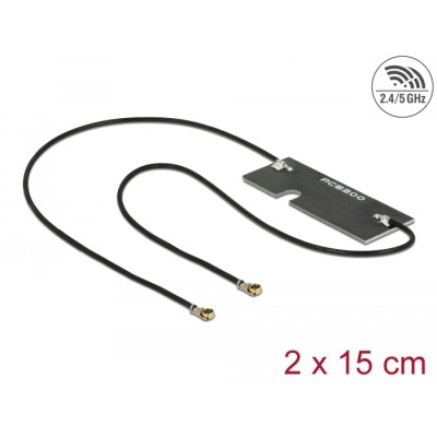 Delock WLAN 802.11 ac/a/h/b/g/n Twin Antenna 2 x I-PEX Inc., MHF® 4L plug 3 - 5 dBi 1.13 2 x 15 cm PCB internal self adhesive