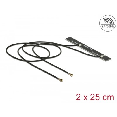 Delock Dual Band WLAN WiFi 6 Twin Antenna 2 x I-PEX Inc., MHF® 4L plug 5 dBi 2 x 25 cm PCB internal self adhesive