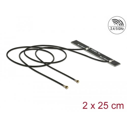 Delock Dual Band WLAN WiFi 6 Twin Antenna 2 x I-PEX Inc., MHF® 4L plug 5 dBi 2 x 25 cm PCB internal self adhesive