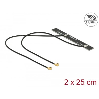 Delock Dual Band WLAN WiFi 6 Twin Antenna 2 x I-PEX Inc., MHF® I plug 5 dBi 2 x 50 cm PCB internal self adhesive