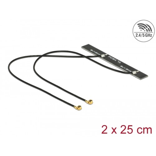 Delock Dual Band WLAN WiFi 6 Twin Antenna 2 x MHF® I plug 5 dBi 2 x 50 cm PCB internal self adhesive