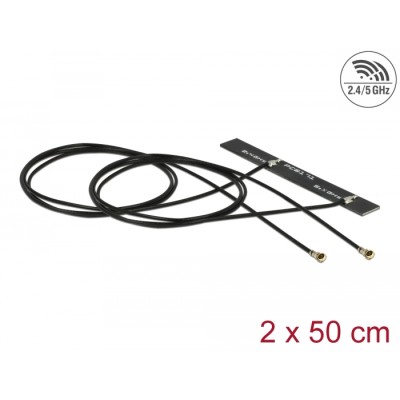 Delock WLAN 802.11 ac/a/h/b/g/n Twin Antenna 2 x MHF® 4L plug 3 - 5 dBi 1.13 2 x 50 cm PCB internal self adhesive