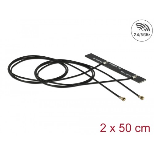 Delock WLAN 802.11 ac/a/h/b/g/n Twin Antenna 2 x MHF® 4L plug 3 - 5 dBi 1.13 2 x 50 cm PCB internal self adhesive