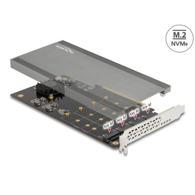 Delock PCI Express x16 Card to 4 x internal NVMe M.2 Key M with Heat Sink and Fan - Bifurcation