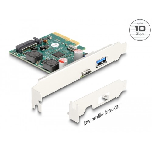 Delock PCI Express x4 Card to 1 x external USB 10 Gbps Type-C™ female + 1 x external USB 10 Gbps Type-A female - Low Profile For