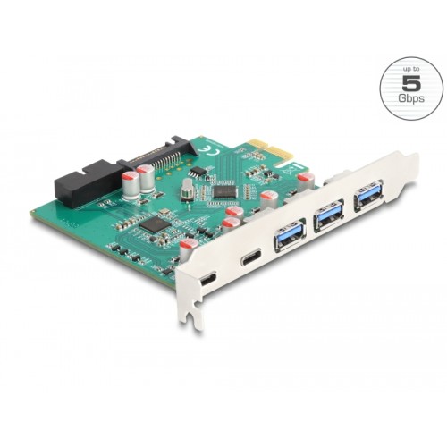 Delock USB 5 Gbps PCI Express x1 Card to 3 x external Type-A + 2 x external USB Type-C™ female and 1 x internal 19 pin USB pin h
