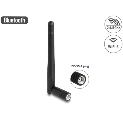 Delock WLAN 802.11 ac/ax/a/b/g/n Antenna RP-SMA plug 2 dBi omnidirectional with tilt joint black