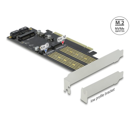 Delock PCI Express x16 Card to 1 x M.2 Key B + 1 x NVMe M.2 Key M + 1 x mSATA - Low Profile Form Factor