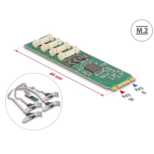 Delock M.2 Card to 4 x Serial RS-232 DB9 with Standard and Low Profile slot brackets