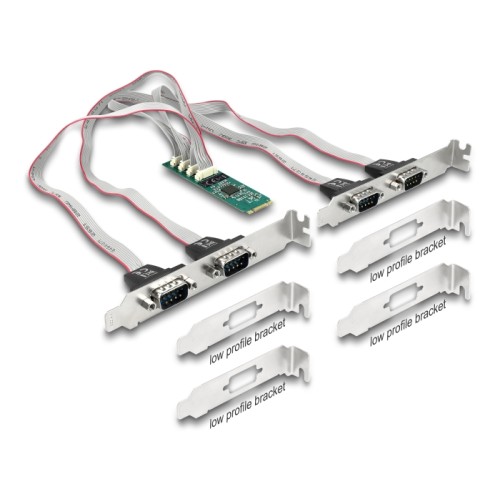 Delock M.2 Card to 4 x Serial RS-232 DB9 with Standard and Low Profile slot brackets