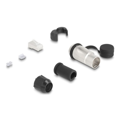 RJ45 Modular Plug for self-assembly Cat.6A with robust cable plug housing and protective cap suitable for the Delock feed-throug