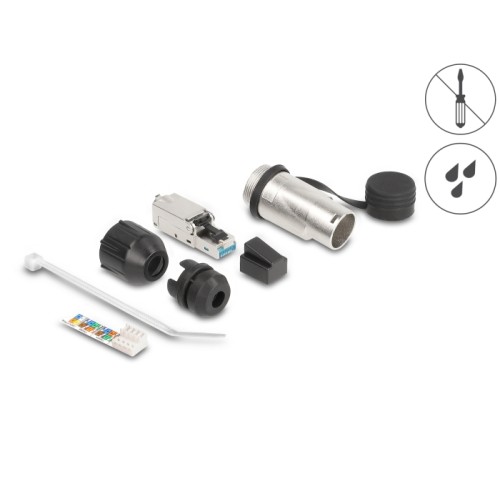 RJ45 Modular Plug field-assembly Cat.6A with robust cable plug housing and protective cap suitable for the Delock feed-through c