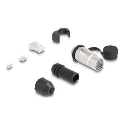 RJ45 Modular Plug Cat.6A for self-assembly with robust cable plug housing coupler and protective cap suitable for Delock feed-th