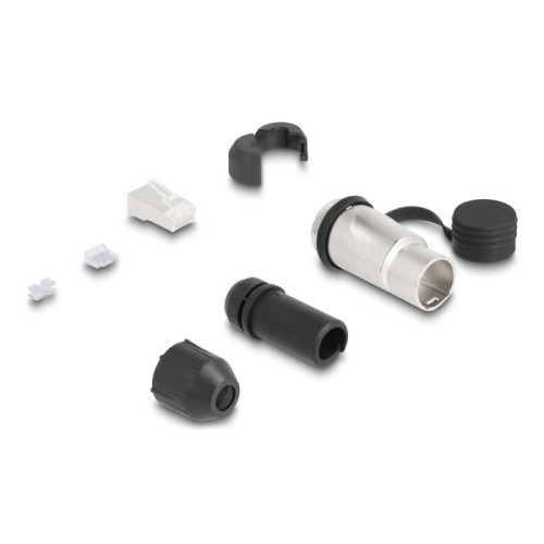 RJ45 Modular Plug Cat.6A for self-assembly with robust cable plug housing coupler and protective cap suitable for Delock feed-th