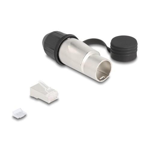 RJ45 Modular Plug Cat.6A for self-assembly with robust cable plug housing coupler and protective cap suitable for Delock feed-th