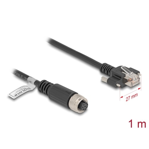 Delock M12 Cable A-coded 8 pin female to RJ45 plug with screws Cat.5e FTP 1 m black