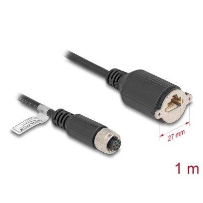 Delock M12 Cable A-coded 8 pin female to RJ45 jack for installation Cat.5e FTP 1 m black