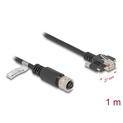 Delock M12 Cable D-coded 4 pin female to RJ45 plug with screws Cat.5e FTP 1 m black