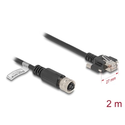 Delock M12 Cable D-coded 4 pin female to RJ45 plug with screws Cat.5e FTP 2 m black