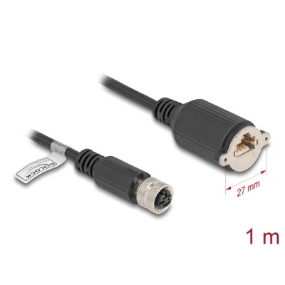 Delock M12 Cable D-coded 4 pin female to RJ45 jack for installation Cat.5e FTP 1 m black