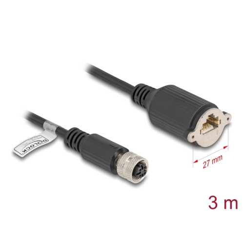Delock M12 Cable D-coded 4 pin female to RJ45 jack for installation Cat.5e FTP 3 m black
