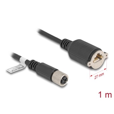 Delock M12 Cable X-coded 8 pin female to RJ45 jack for installation Cat.6A S/FTP 1 m black