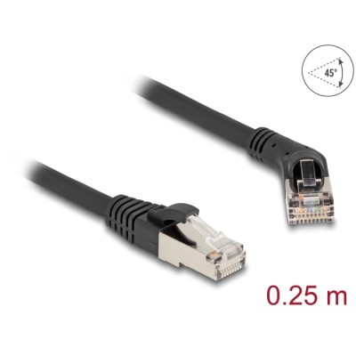 Delock RJ45 Network Cable Cat.6A S/FTP plug 45° right angled to plug straight 0.25 m black