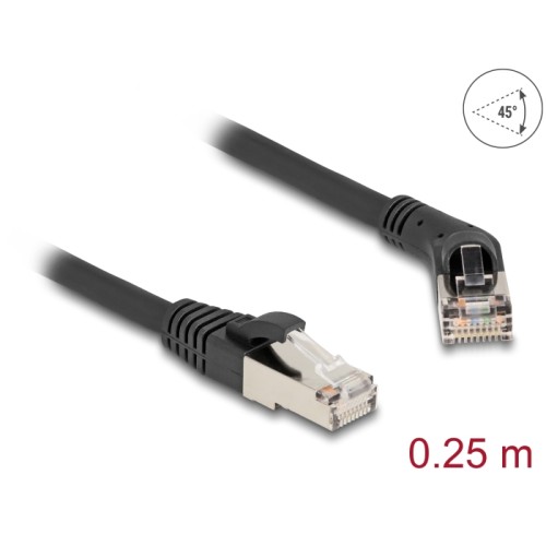 Delock RJ45 Network Cable Cat.6A S/FTP plug 45° right angled to plug straight 0.25 m black