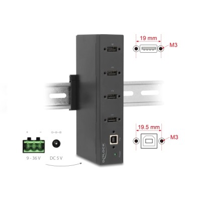 Delock Industry Hub 4 x USB 2.0 Type-A with 15 kV ESD protection and DIN rail mounting