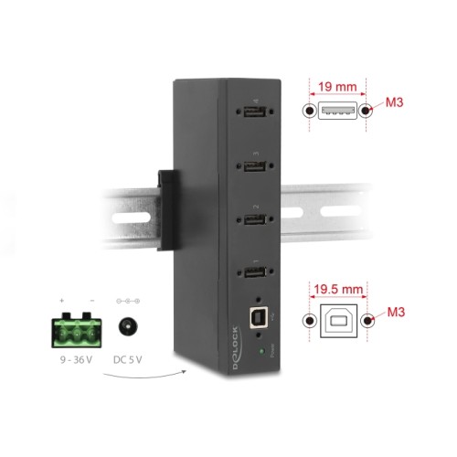 Delock Industry Hub 4 x USB 2.0 Type-A with 15 kV ESD protection and DIN rail mounting