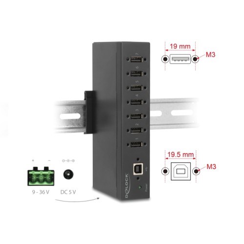 Delock Industry Hub 7 x USB 2.0 Type-A with 15 kV ESD protection and DIN rail mounting