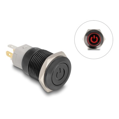 Delock Push Switch for Installation black 16 mm 12 V 5 x solder connection LED red power symbol + ring