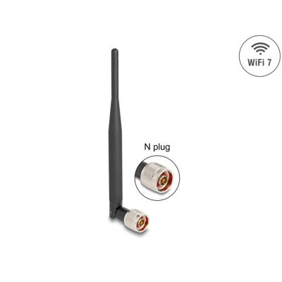 Delock WiFi 7 Antenna N plug 2 - 3 dBi 20.6 cm omnidirectional with tilt joint and flexible material black