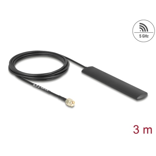 Delock WiFi 5.8 GHz Antenna RP-SMA plug 3 dBi omnidirectional with connection cable RG-174 3 m black self-adhesive