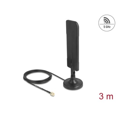 Delock Antenna WiFi 5.8 GHz RP-SMA plug 3 dBi omnidirectional with connection cable RG-174 3 m with tilt joint with magnetic bas