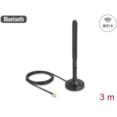 Delock Antenna WiFi 6 RP-SMA plug 3 dBi omnidirectional with connection cable RG-174 3 m with tilt joint with magnetic base blac