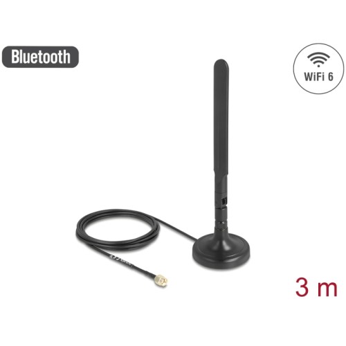 Delock Antenna WiFi 6 RP-SMA plug 3 dBi omnidirectional with connection cable RG-174 3 m with tilt joint with magnetic base blac