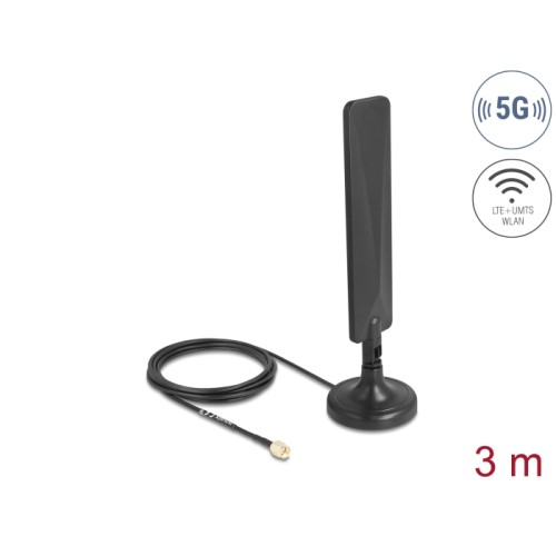 Delock 5G LTE Antenna SMA plug 3 dBi omnidirectional with connection cable RG-174 3 m with tilt joint with magnetic base black