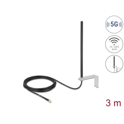Delock 5G LTE Antenna SMA plug 3 - 5 dBi omnidirectional fixed with connection cable RG-174, 3 m wall mounting outdoor black