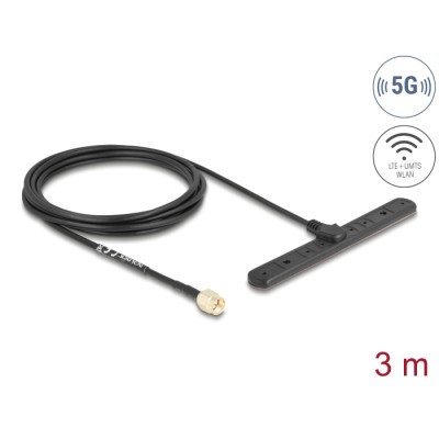 Delock 5G LTE Antenna SMA plug 3 dBi omnidirectional fixed with connection cable RG-174 3 m adhesive mounting outdoor black