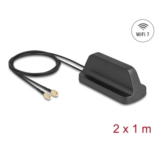 Delock WiFi 7 Antenna 2 x RP-SMA plug 2.4 - 4.0 dBi omnidirectional with magnetic base and connection cable ULA100 1 m outdoor b