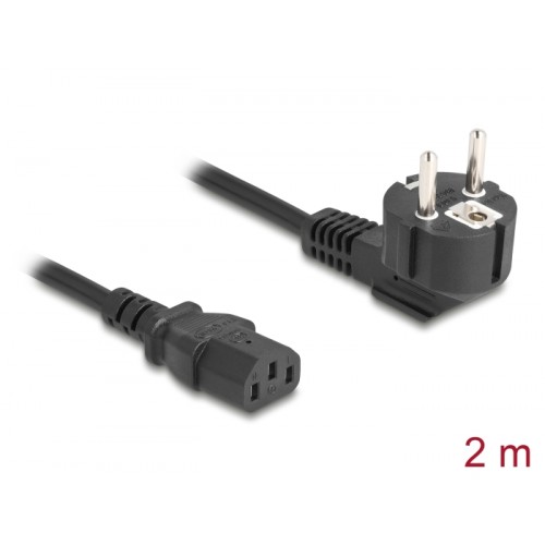 PC power cord earthed plug CEE 7/7 90° angled to C13 female, 2 m, 3 x 0.75 mm² black