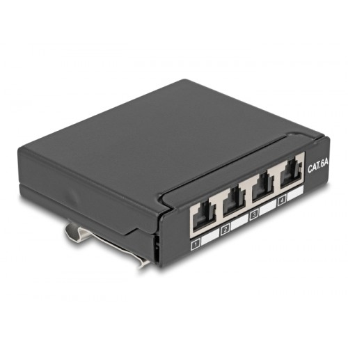 Delock Mini Desktop Patch Panel RJ45 jack 4 port Cat.6A shielded black - for mounting on a table, wall or DIN rail