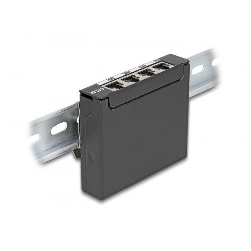 Delock Mini Desktop Patch Panel RJ45 jack 4 port Cat.6A shielded black - for mounting on a table, wall or DIN rail