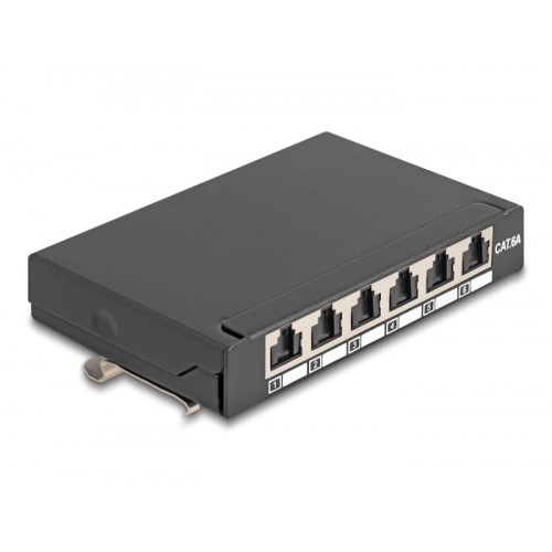 Delock Mini Desktop Patch Panel RJ45 jack 6 port Cat.6A shielded black - for mounting on a table, wall or DIN rail
