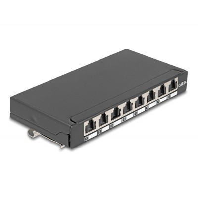 Delock Mini Desktop Patch Panel RJ45 jack 8 port Cat.6A shielded black - for mounting on a table, wall or DIN rail