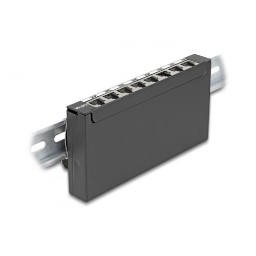 Delock Mini Desktop Patch Panel RJ45 jack 8 port Cat.6A shielded black - for mounting on a table, wall or DIN rail