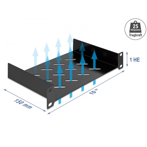 Delock 10″ 1U Shelf with ventilation slots up to 150 mm deep max. 25 kg load capacity