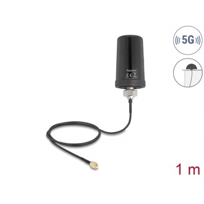Delock 5G LTE GNSS WiFi 6 Antenna SMA plug 1.1 - 4.0 dBi omnidirectional with connection cable ULA100 1 m roof mounting outdoor 